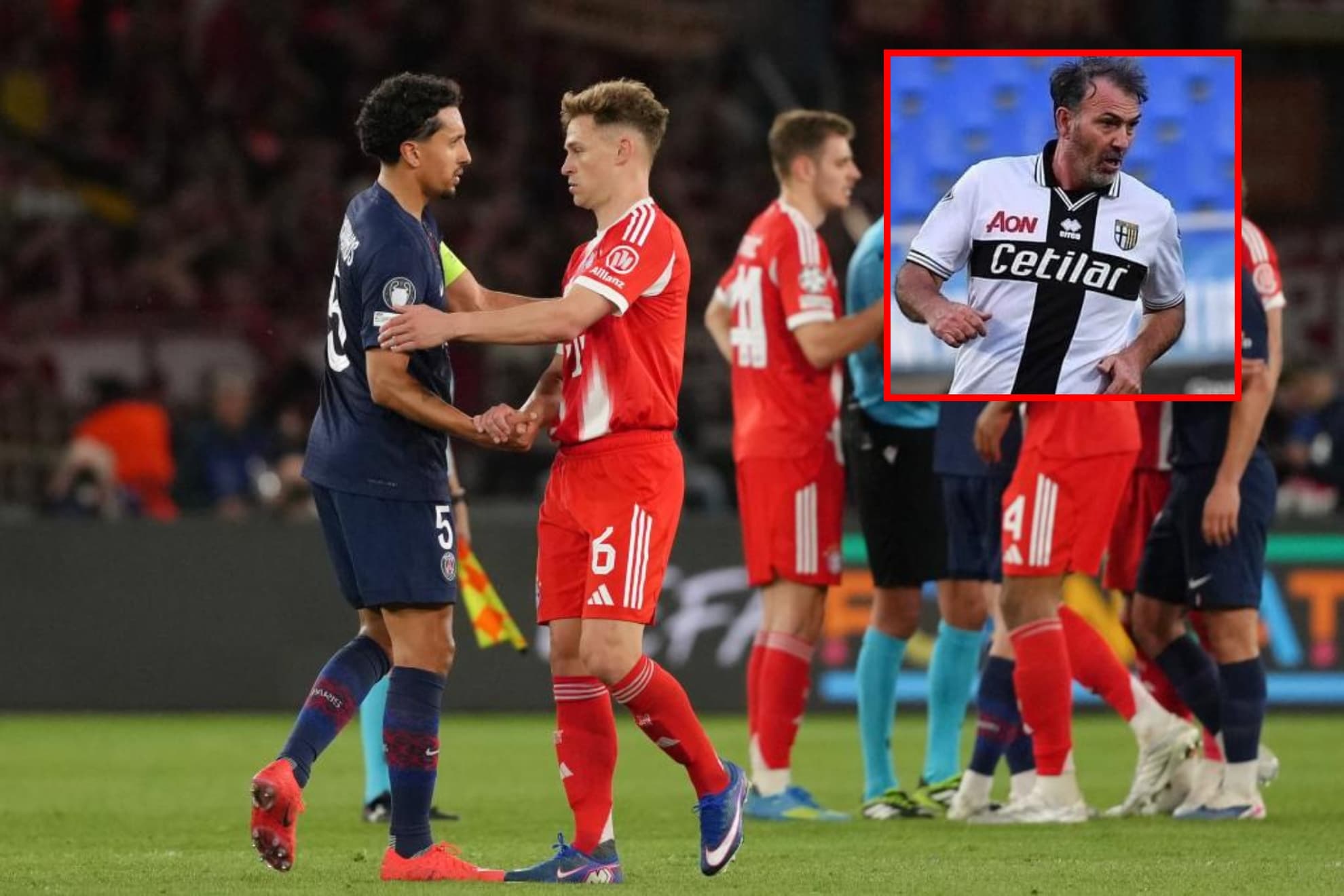 A la izquierda, Kimmich y Marquinhos se saludan. A la derecha, Alessandro Melli.