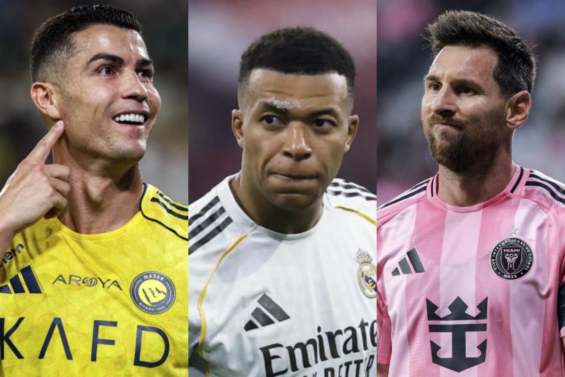 Cristiano Ronaldo, Kylian Mbappé y Leo Messi.