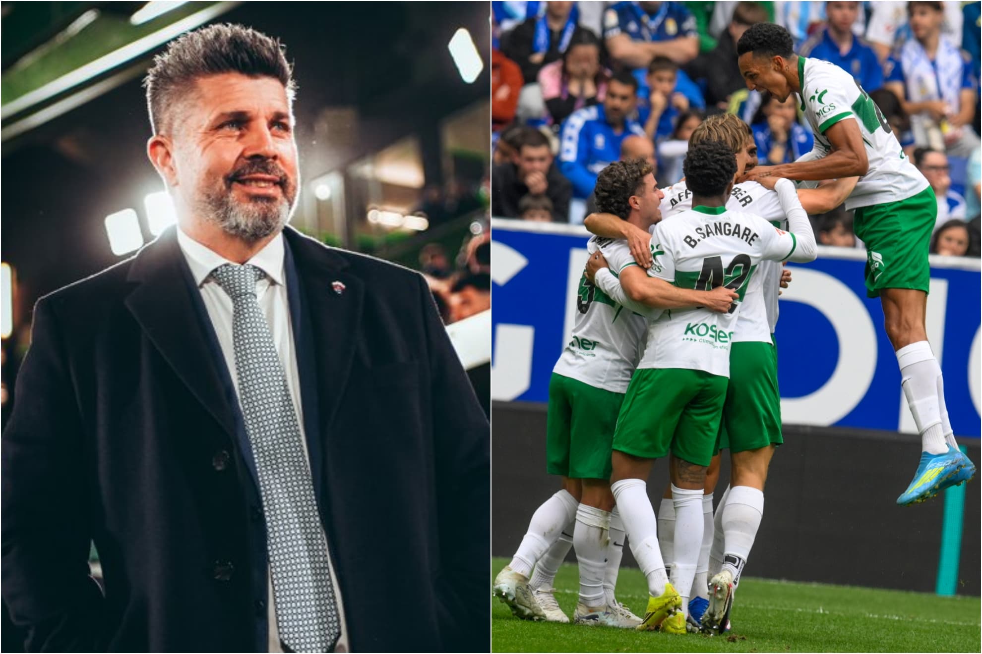 Bragarnik y los jugadores del Elche celebrando la victoria en Oviedo.