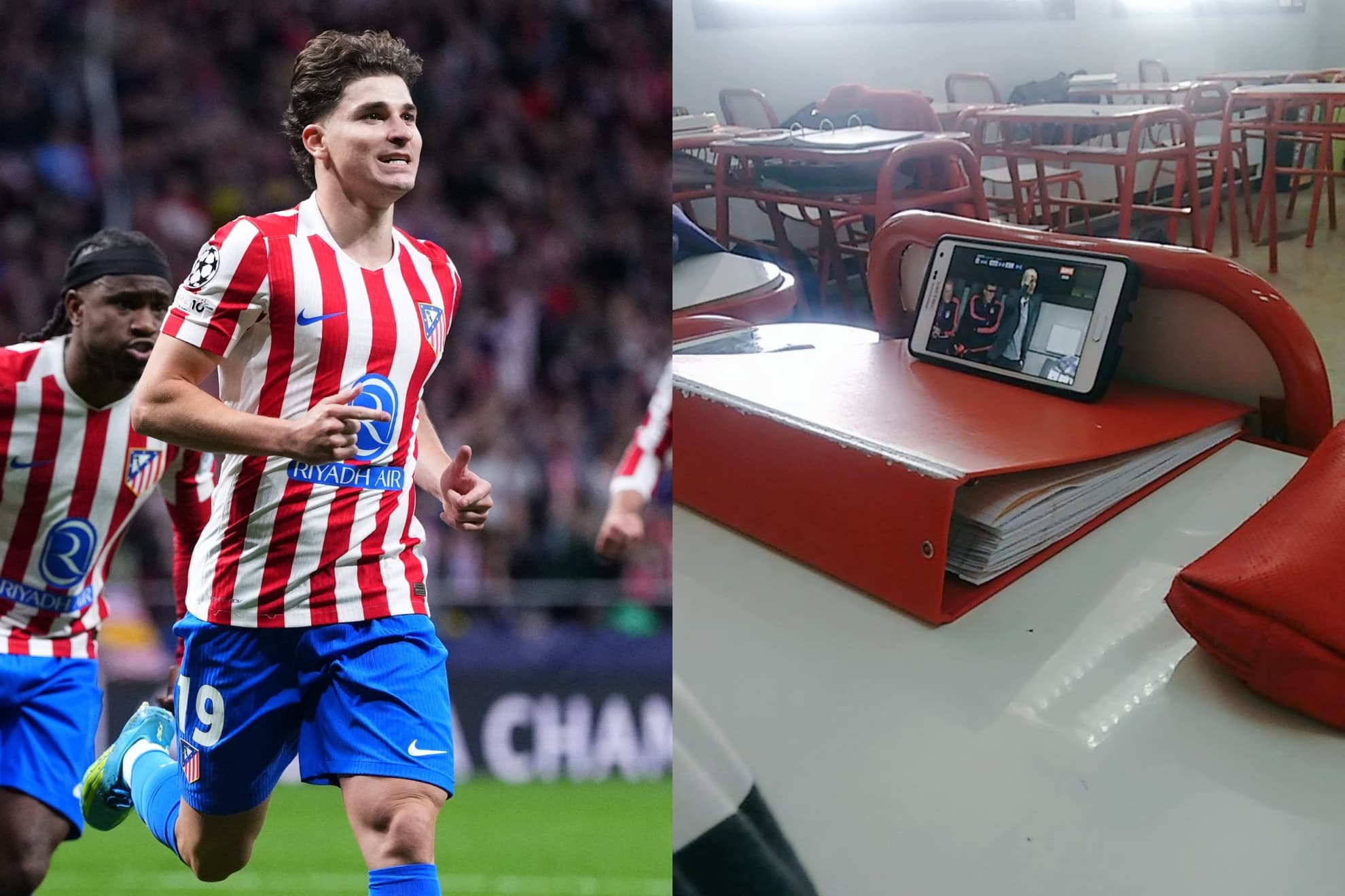 Julián Alvarez, tras anotar ante el Arsenal y viendo las semis del Atlético ante el Bayern hace diez años.