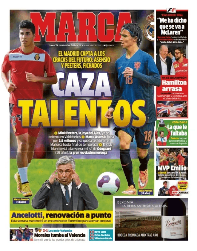 Portada de MARCA con Asensio y Peeters