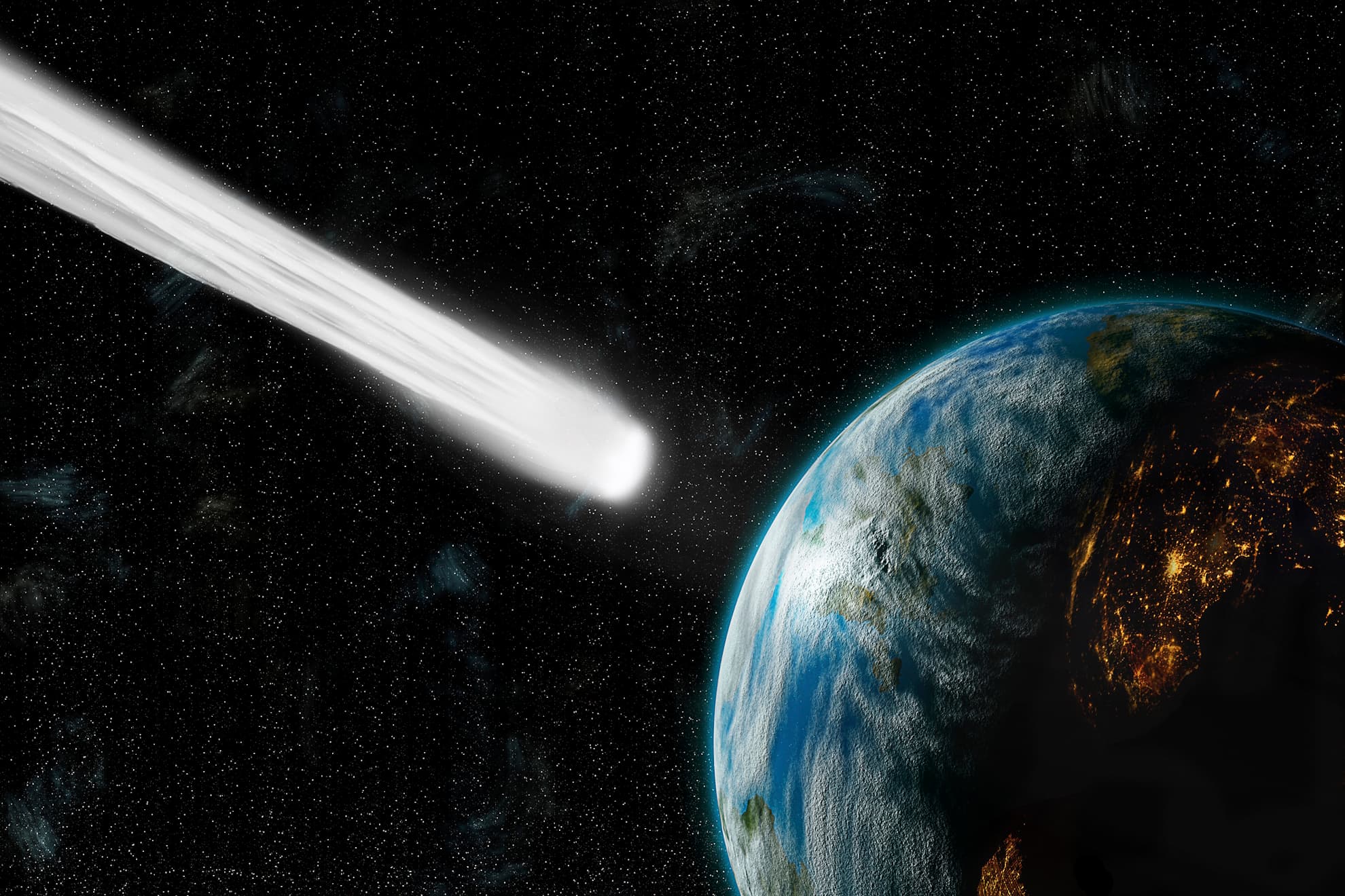 Ilustración sobre un cometa a punto de impactar contra la Tierra.