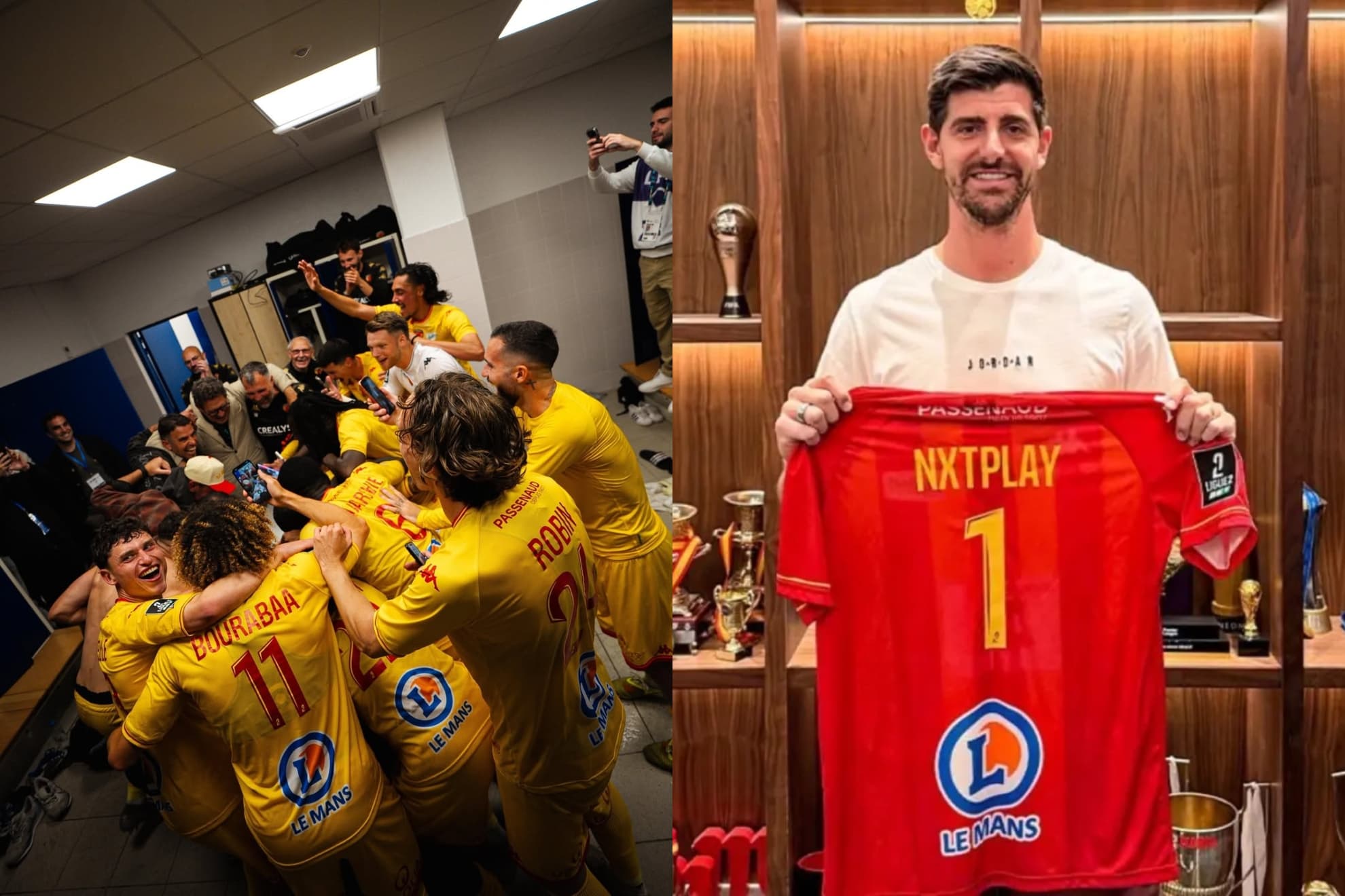 A la izquierda, los jugadores de Le Mans celebran una victoria. A la derecha, Thibaut Courtois.