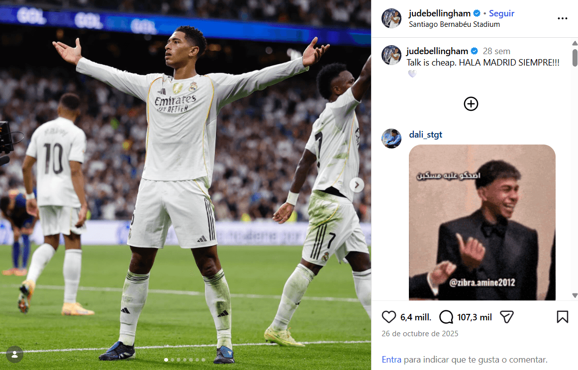 Post de Bellingham tras ganar el Clásico de octubre.