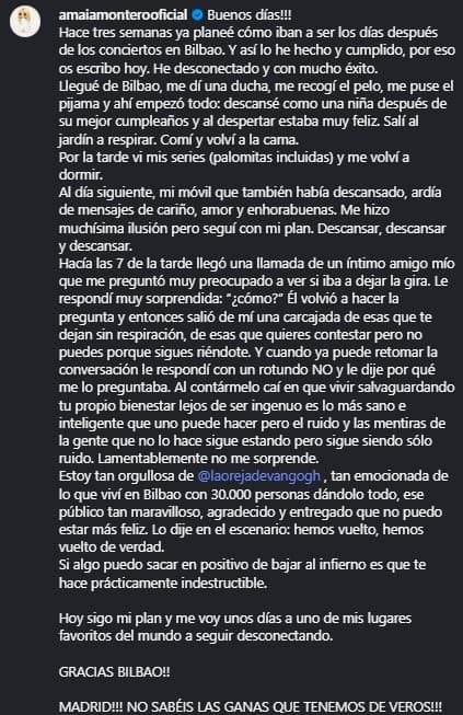 Comunicado de Amaia Montero