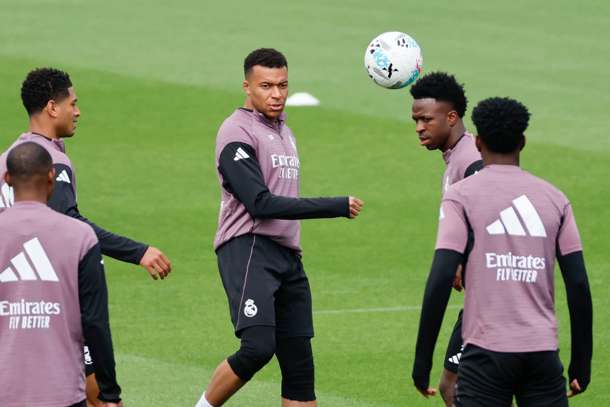 Mbappé, ejercitándose en Valdebebas junto a Bellingham, Alaba, Vnicius y Tchouaméni.