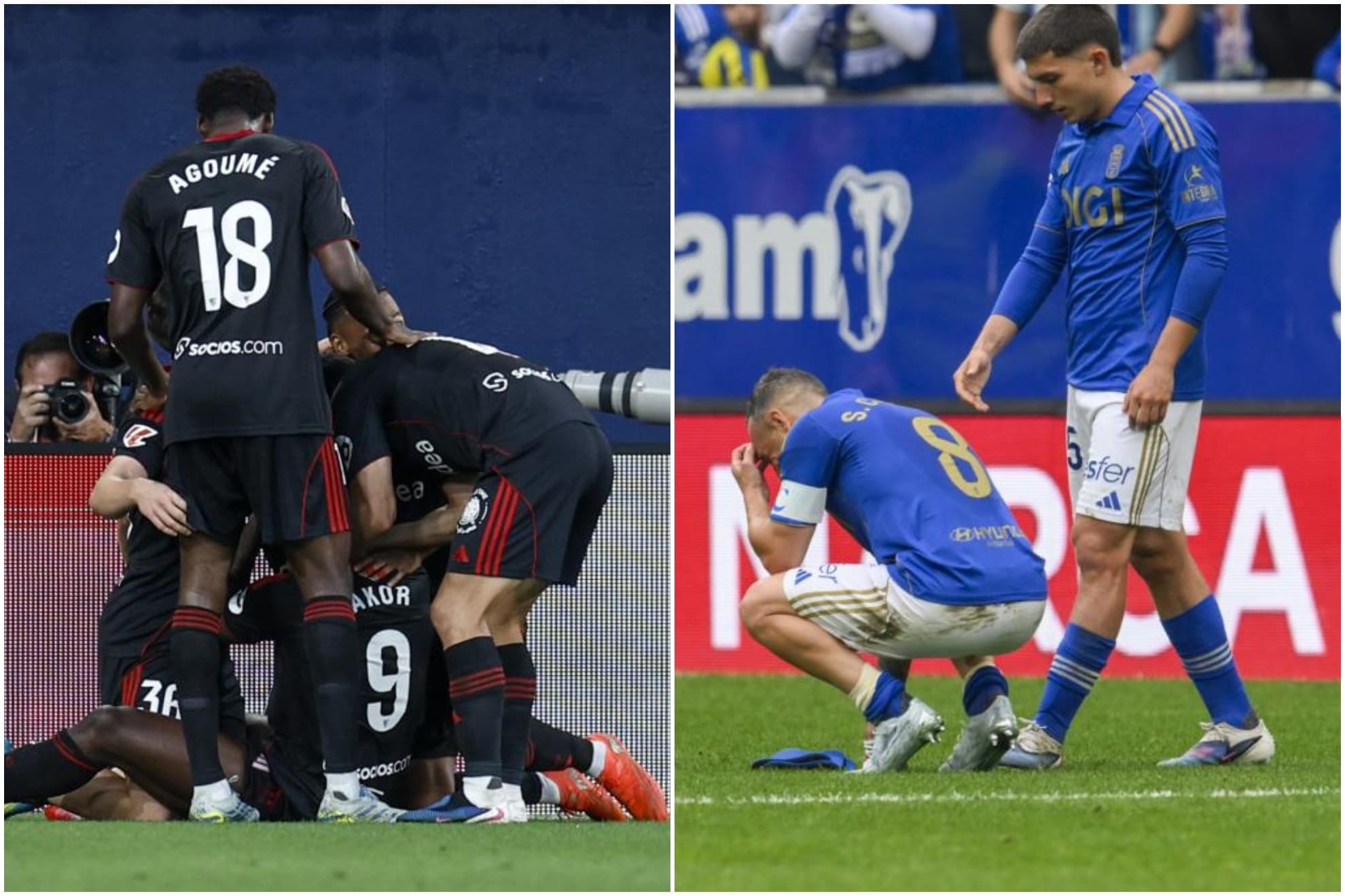 A la izquierda, celebra el Sevilla; a la derecha, la tristeza del Oviedo