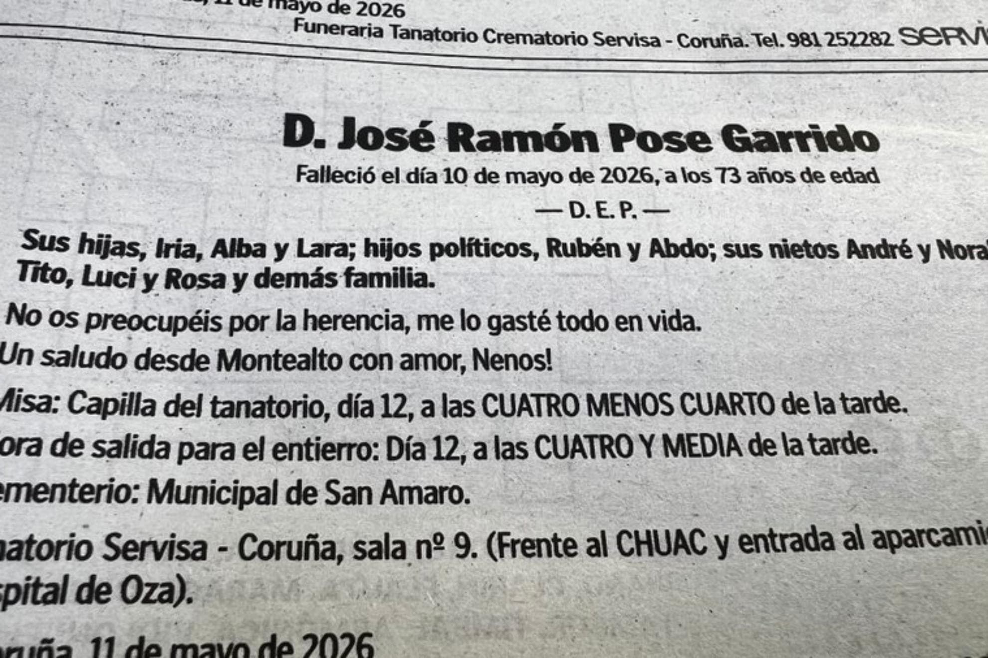 La esquela de José Ramón Pose Garrido en La Voz de Galicia.