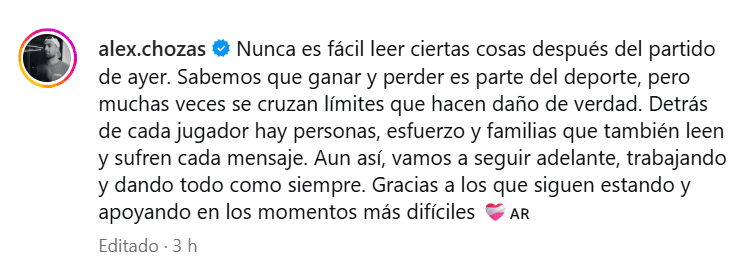 El mensaje de Álex Chozas en redes sociales.
