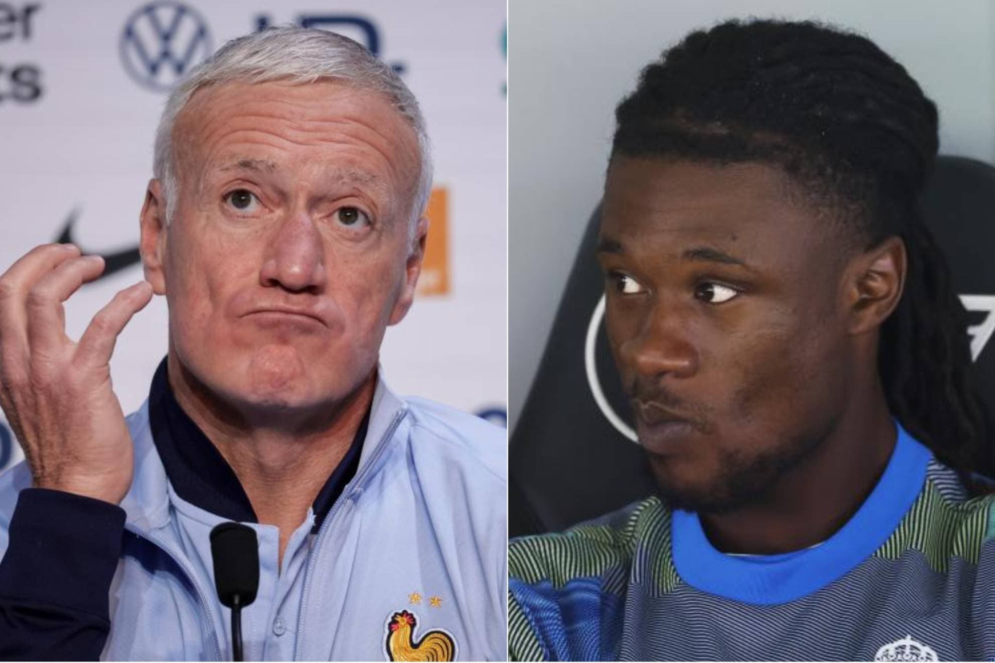 Deschamps, en una rueda de prensa, y Camavinga en el banquillo.