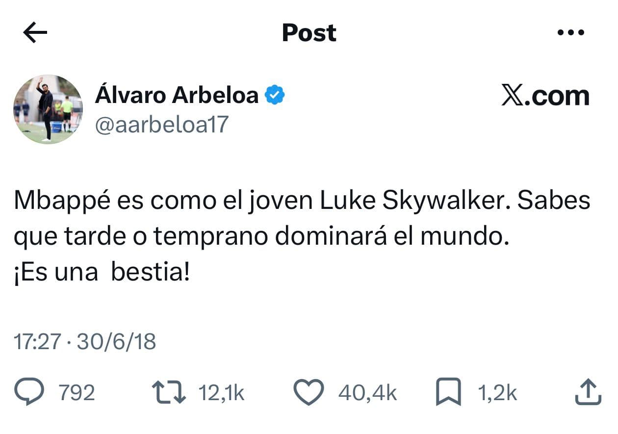 Tuit de Arbeloa en 2018 tras la exhibición de Mbappé en el Mundial de Rusia.