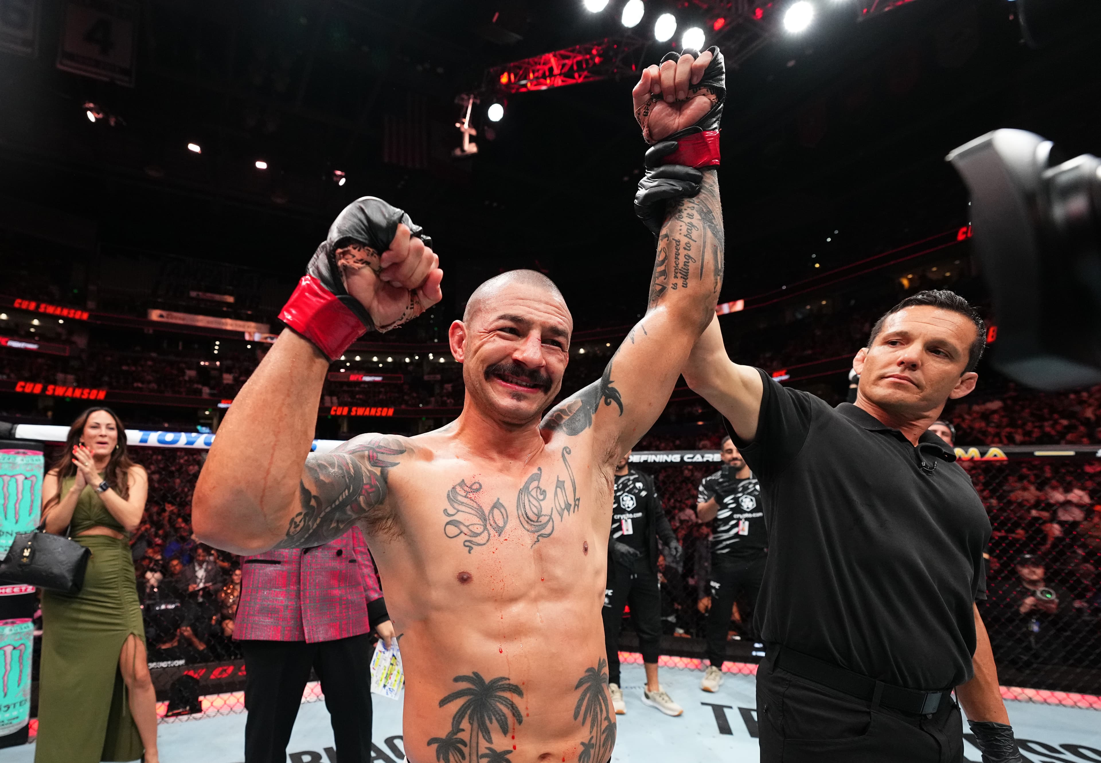TAMPA, FLORIDA - DECEMBER 14: Cub Swanson reacts after a knockout victory against Billy Quarantillo in a featherweight fight during the UFC Fight Night event at Amalie Arena on December 14, 2024 in Tampa, Florida.  (Photo by Chris Unger/Zuffa LLC)