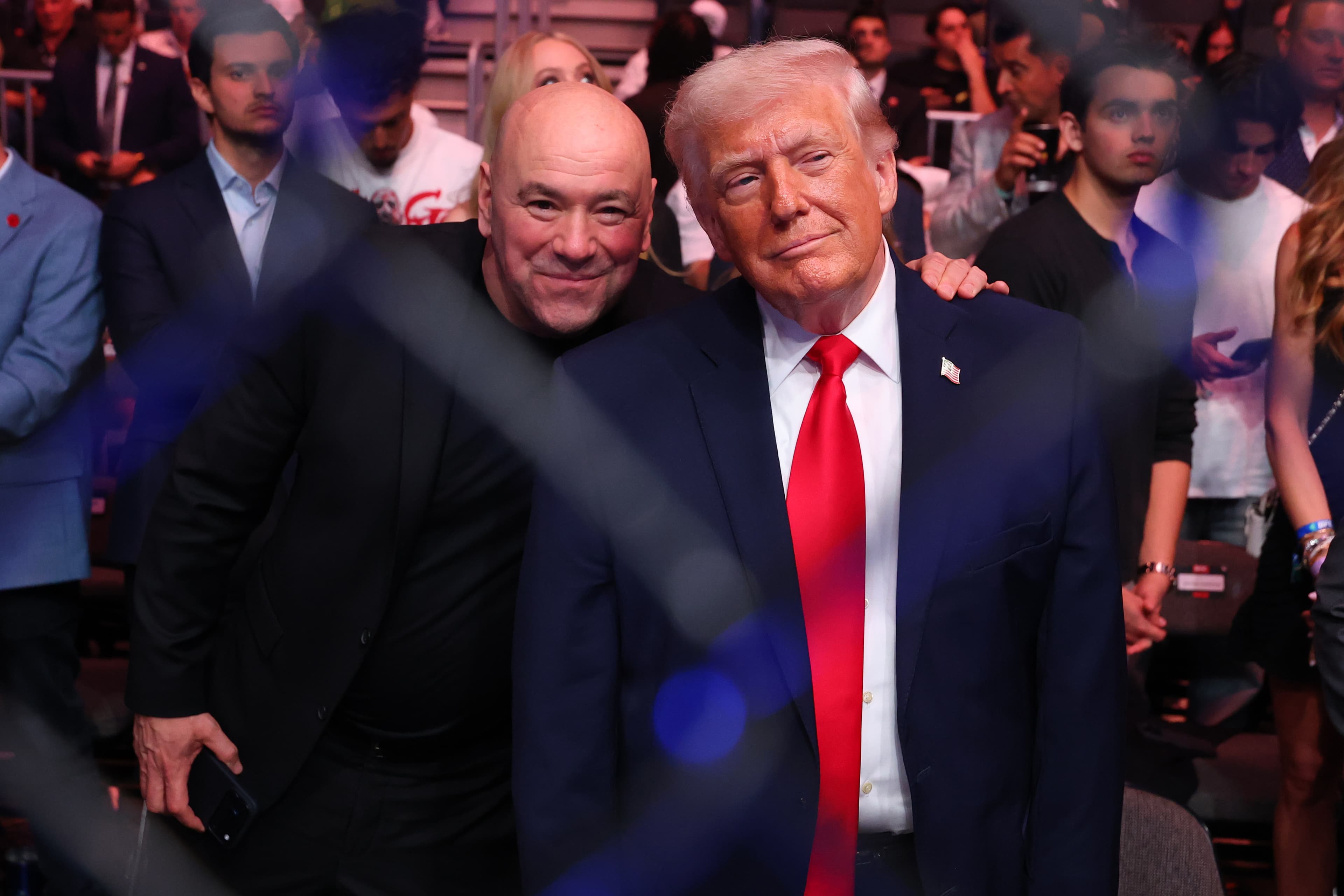 MIAMI, FLORIDA - APRIL 11: US President Donald Trump is seen in attendance alongside UFC President and CEO Dana White during the UFC 327 event at Kaseya Center on April 11, 2026 in Miami, Florida. (Photo by Ed Mulholland/Zuffa LLC)