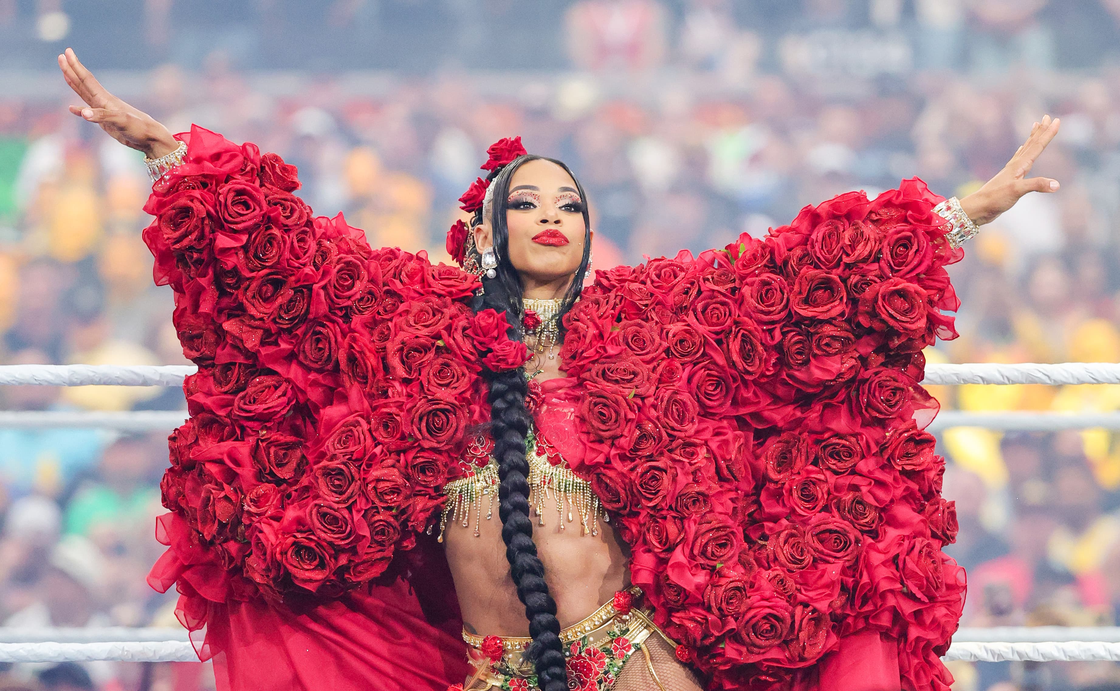 LAS VEGAS, NEVADA - APRIL 20: Bianca Belair is introduced before the Women's World Championship title match against Iyo Sky and Rhea Ripley during WrestleMania 41 at Allegiant Stadium on April 20, 2025 in Las Vegas, Nevada. (Photo by Ethan Miller/Getty Images)