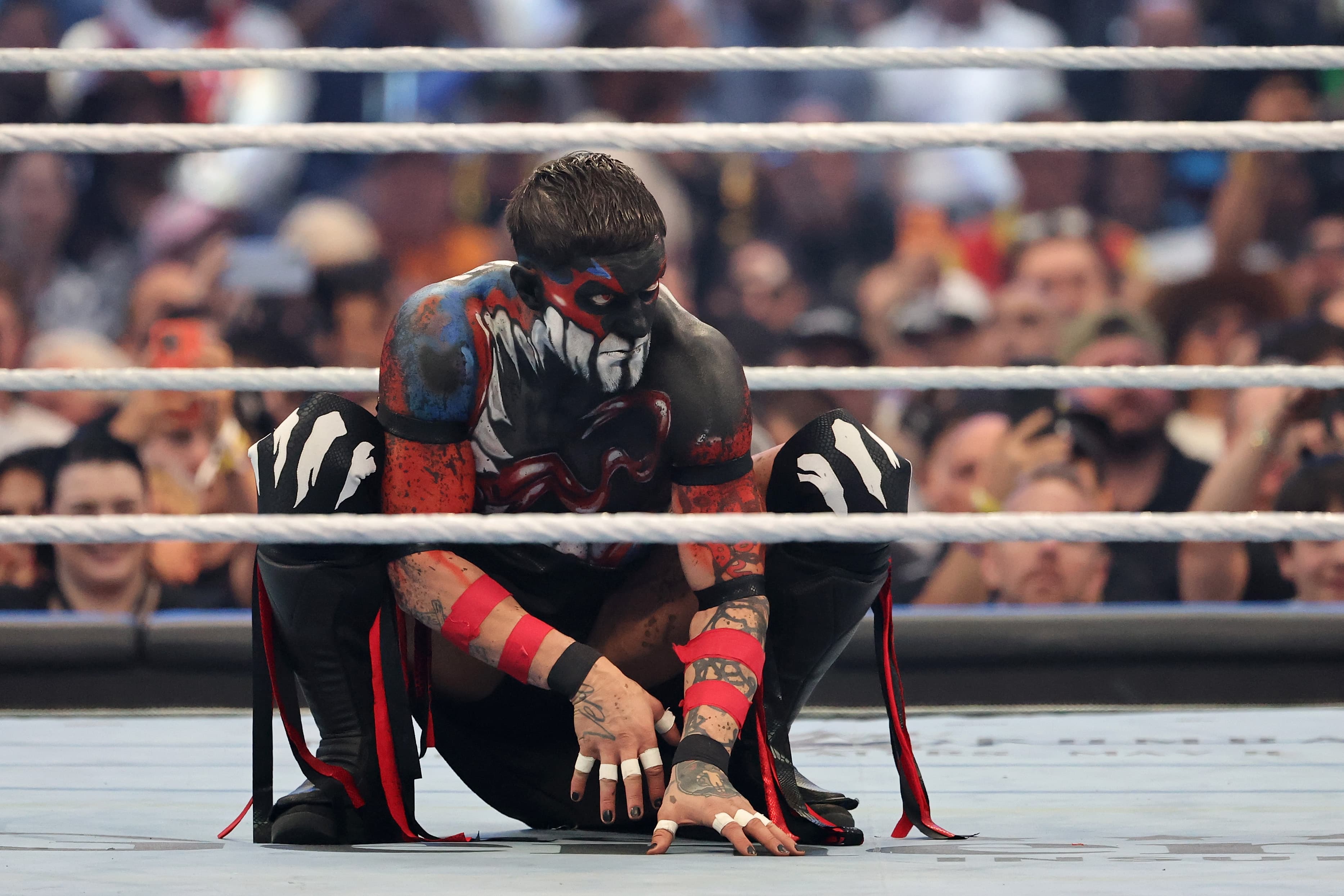 LAS VEGAS, NEVADA - APRIL 19: Finn Balor is introduced before his match against Dominik Mysterio during WrestleMania 42 at Allegiant Stadium on April 19, 2026 in Las Vegas, Nevada. (Photo by Ethan Miller/Getty Images)