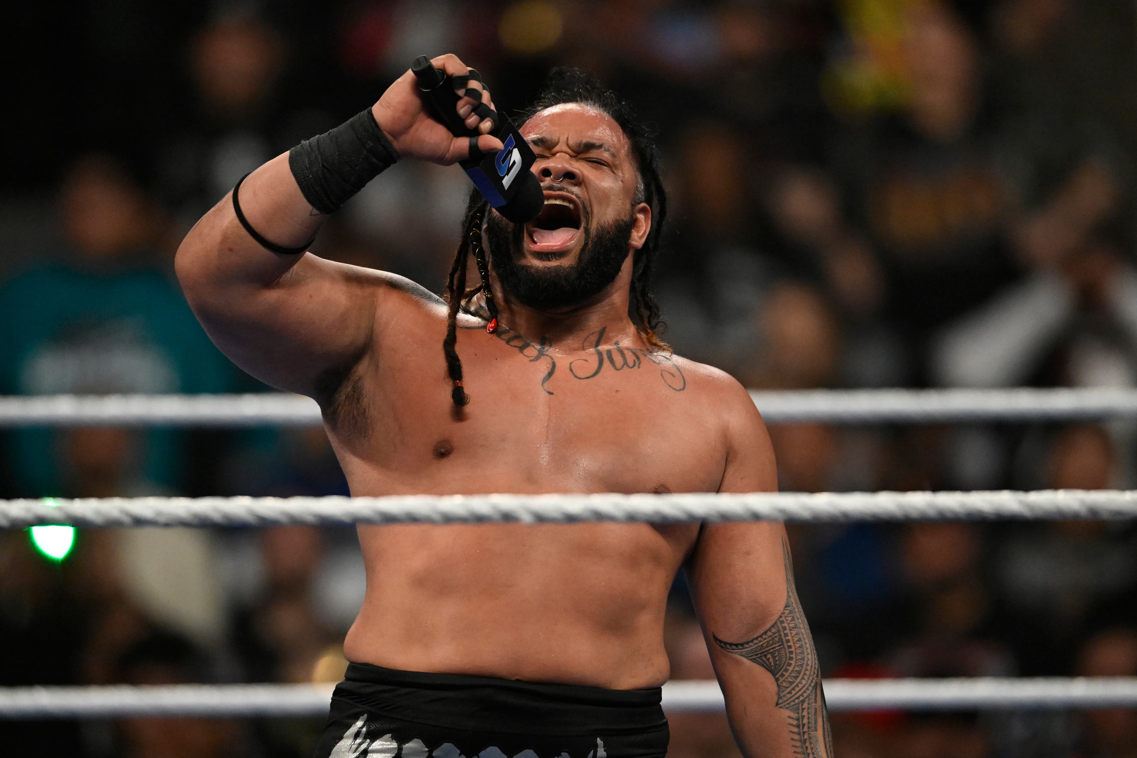 SAN JOSE, CALIFORNIA - APRIL 10: Jacob Fatu reacts after his match against Tama Tonga (not pictured) during SmackDown at SAP Center on April 10, 2026 in San Jose, California. (Photo by Eakin Howard/Getty Images)