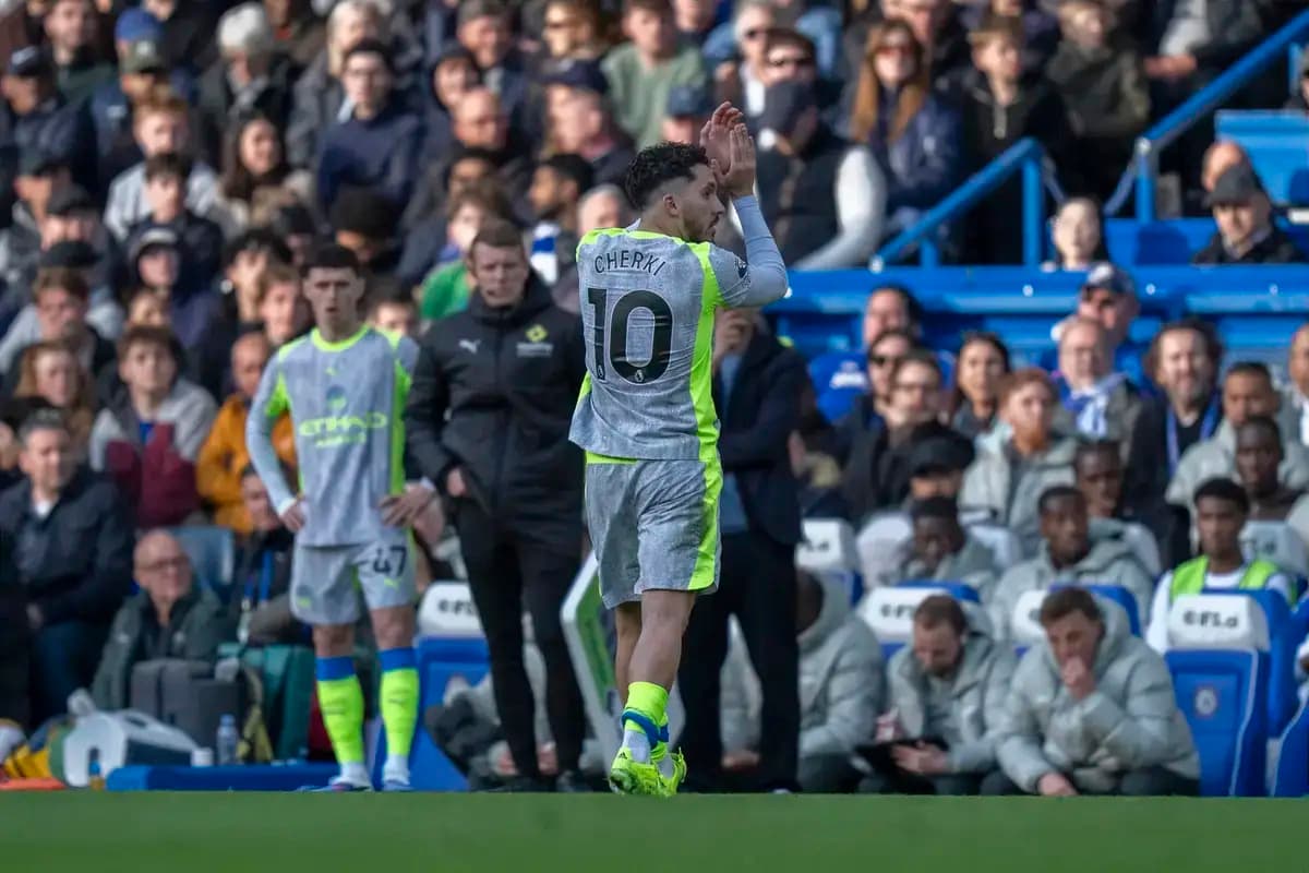 Rayan Cherki attempts bottle flip during Manchester City’s 0-3 win over Chelsea