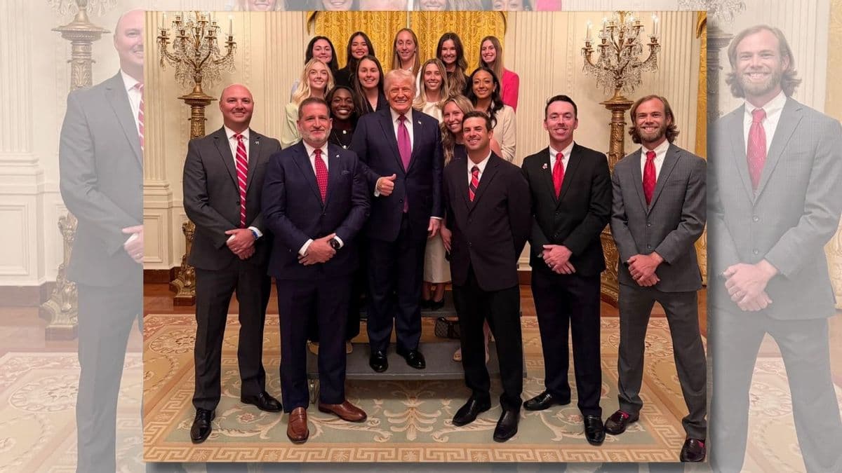 Fact Check: Real photo shows female athletes standing behind men with Trump
