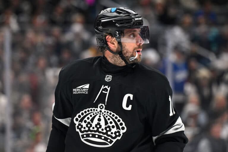 Anze Kopitar’s voice shakes during a tearful mid-ice speech to LA crowd