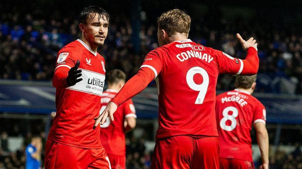 David Strelec celebrates with Middlesbrough team-mate Tommy Conway