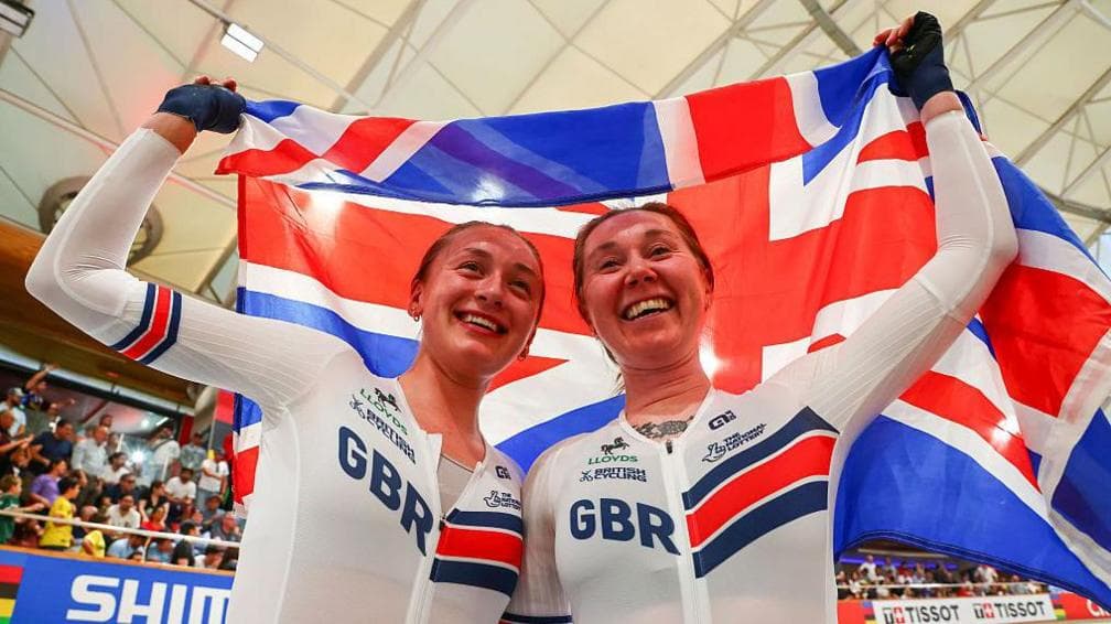 Madelaine Leech and Katie Archibald celebrate after winning the women's madison at last year's Track World Championships in Chile
