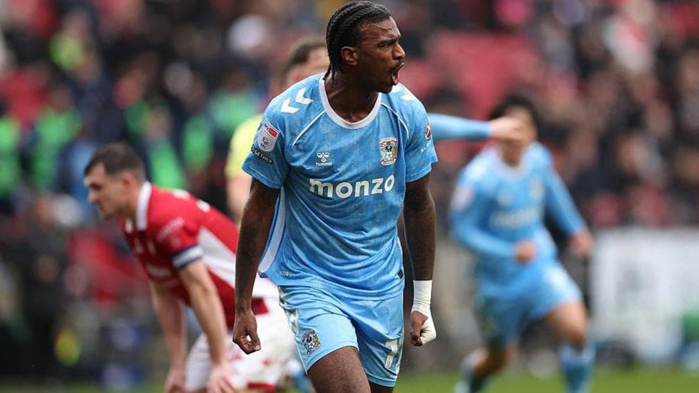 Haji Wright celebrates after scoring against Bristol City