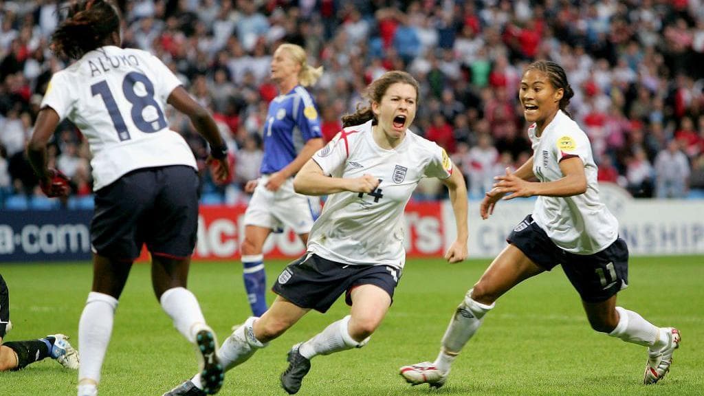 Karen Carney celebrates scoring the winner v Finland in stoppage time in 2005