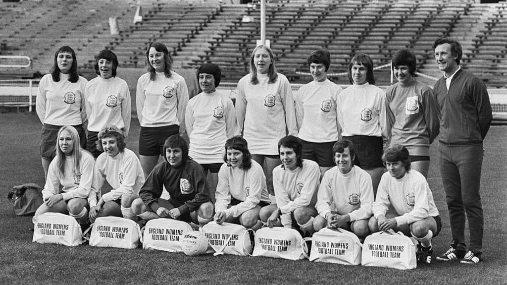 The England women's national football team pose for a photo during training days before their first ever official game against Scotland in 1972