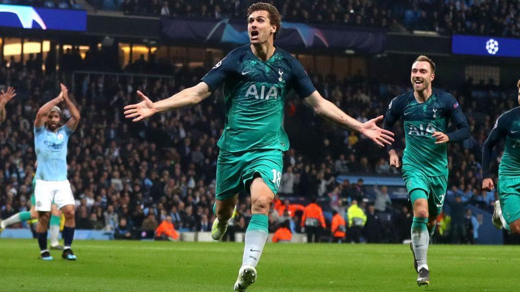 Fernando Llorente of Tottenham Hotspur celebrates scoring his teams third goal during the UEFA Champions League Quarter Final second leg match between Manchester City and Tottenham Hotspur at Etihad Campus