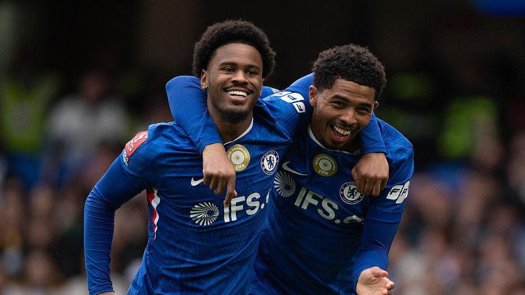 Jorrel Hato and Wesley Fofana celebrate during Chelsea's 7-0 victory over Port Vale in the FA Cup quarter final at Stamford Bridge