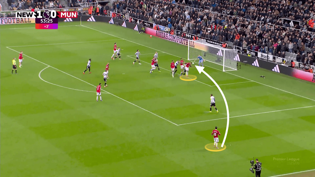 A screenshot showing Bruno Fernandes crossing the ball against Newcastle