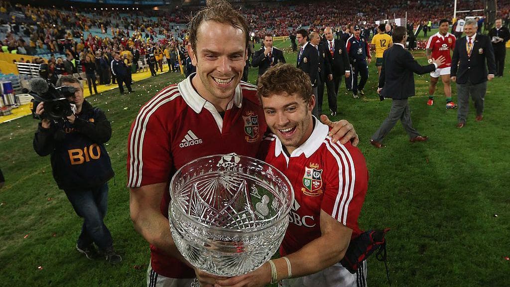 Alun Wyn Jones and Leigh Halfpenny, who were among 10 starting Welsh players in the final Test side against Australia in Sydney in 2013, pose with a trophy