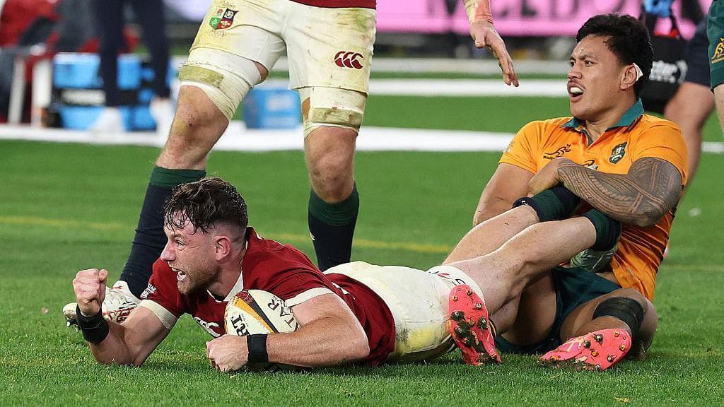 Hugo Keenan scores the winning try for the British and Irish Lions in the second Test against Australia last year