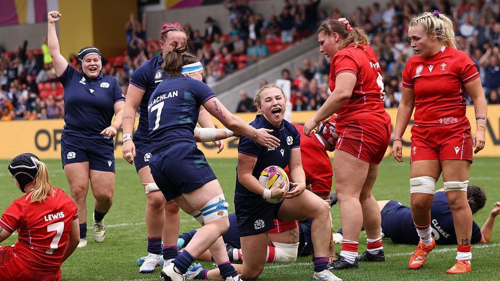 Leia Brebner-Holden of Scotland celebrates scoring her team's third try during the Women's Rugby World Cup 2025 Pool B match between Scotland and Wales