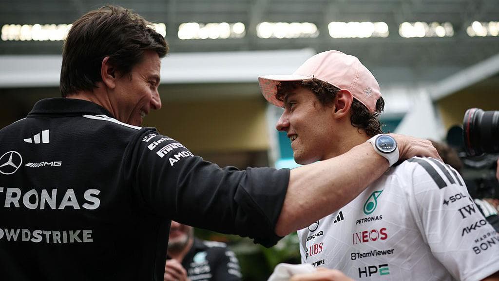 Toto Wolff and Kimi Antonelli celebrate after the Italian's victory in the Miami Grand Prix