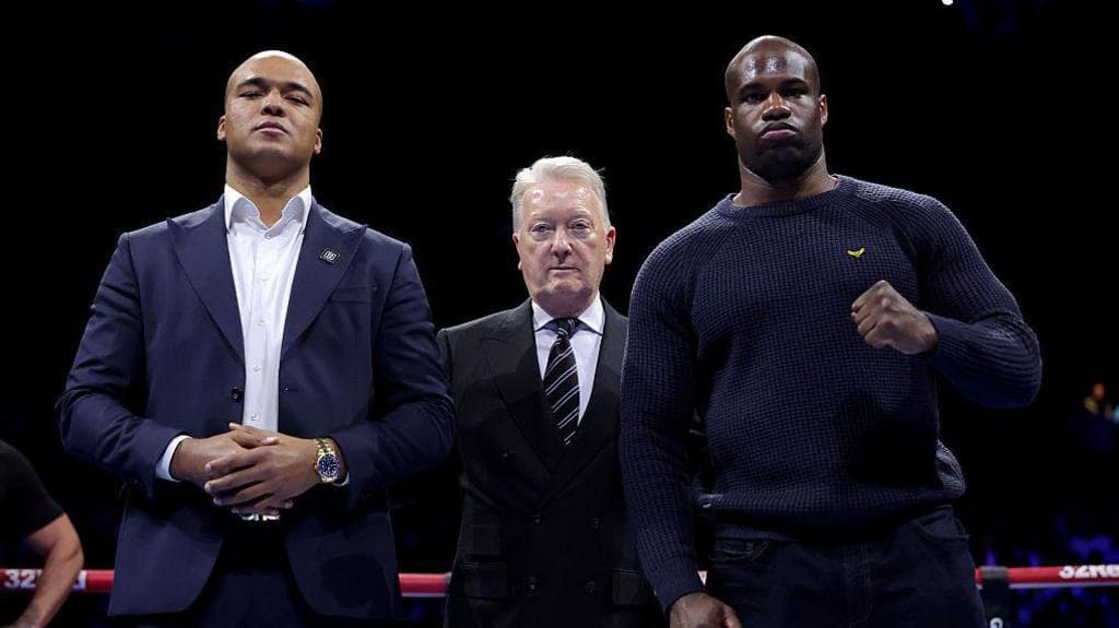 Fabio Wardley poses for a photograph with Daniel Dubois and Promotor Frank Warren