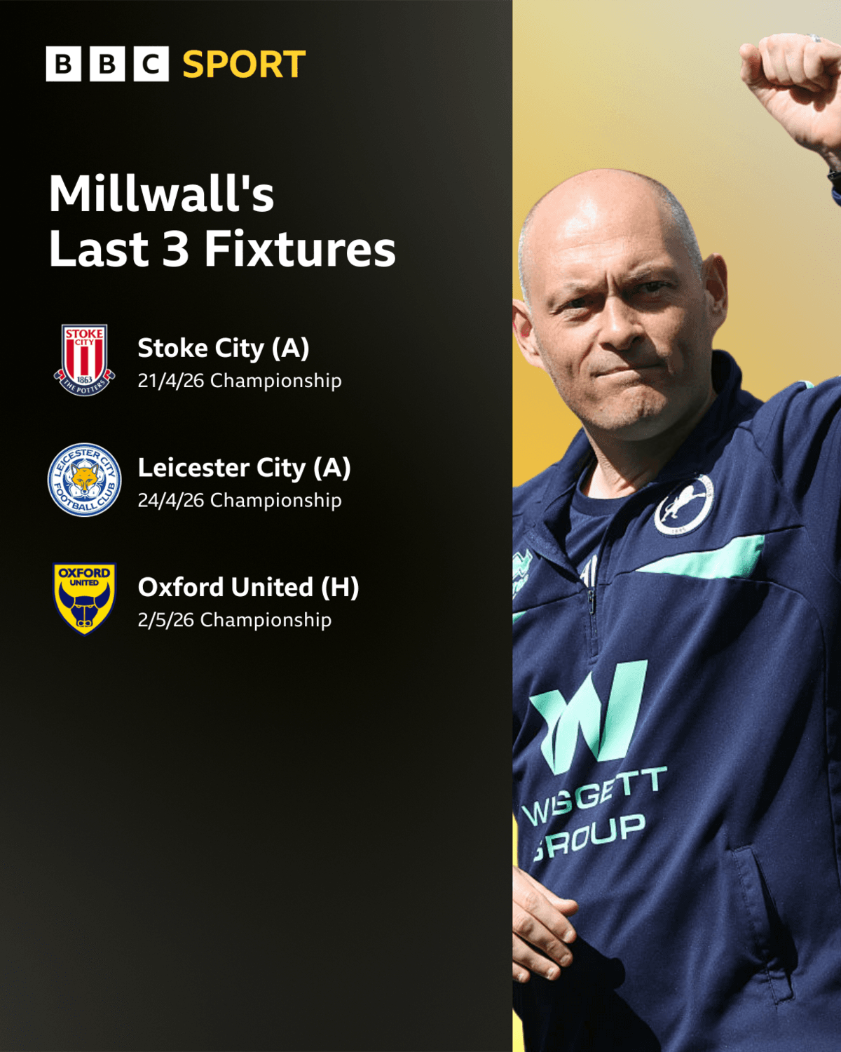 A list of Millwall's remaining three games with a photograph of head coach Alex Neil