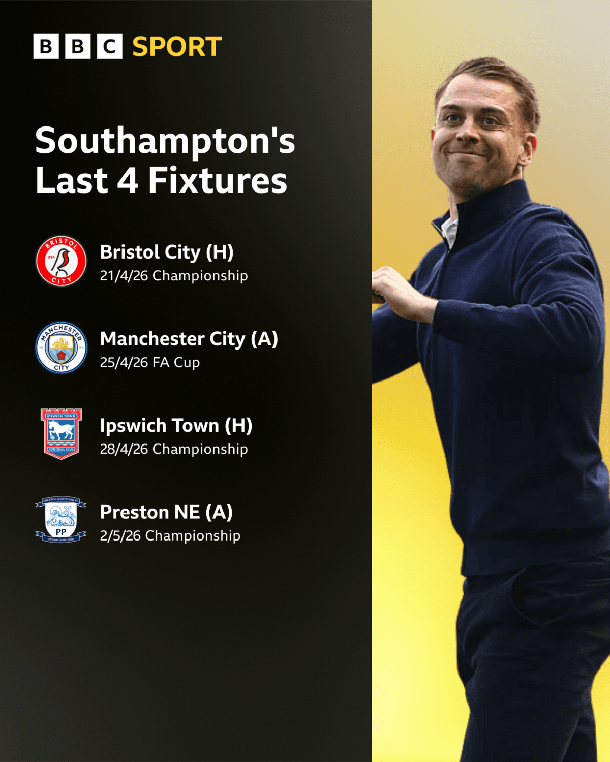 A list of Southampton's remaining fixtures alongside a photograph of Southampton boss Tonda Eckert