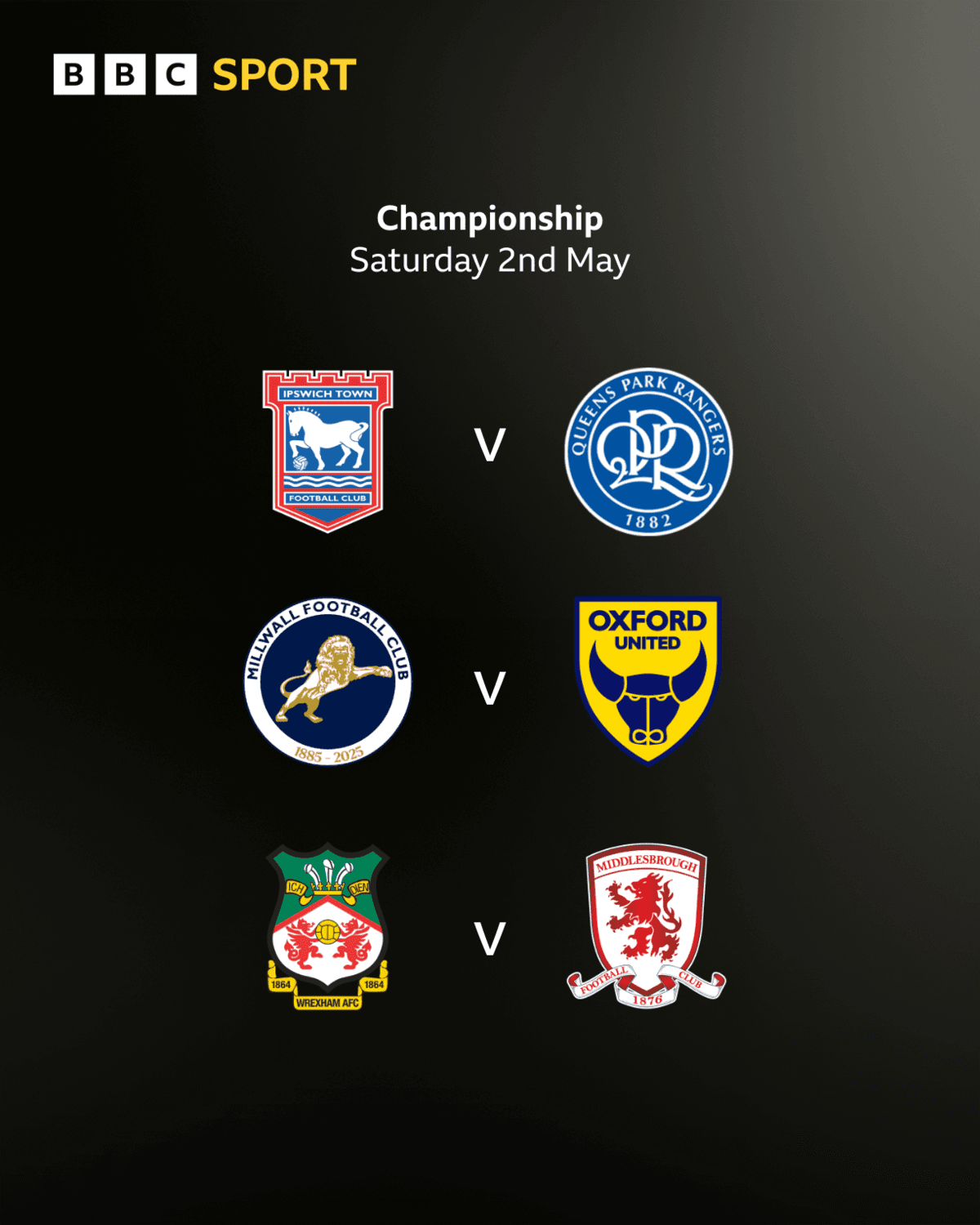 Graphic showing the final day fixtures in the race for automatic promotion with club badges used:
Ipswich v QPR
Millwall v Oxford
Wrexham v Middlesbrough