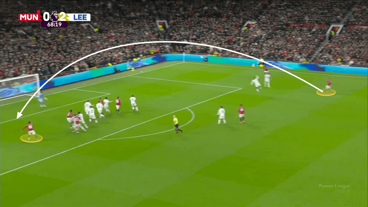 A screenshot showing Bruno Fernandes crossing the ball against Leeds