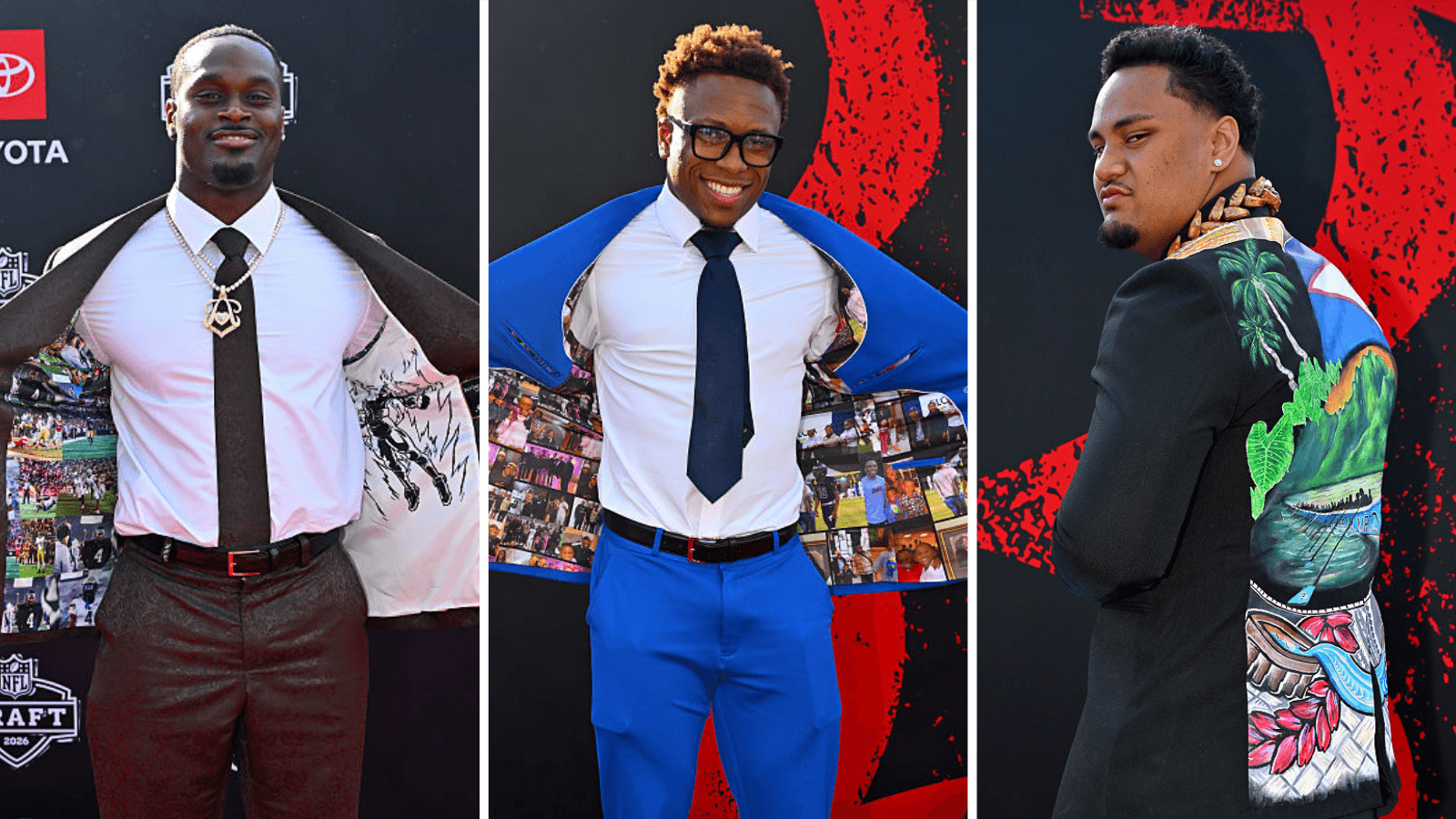 Jeremiyah Love, Colton Hood and Francis Mauigoa pose for pictures as they arrive at the 2026 NFL Draft