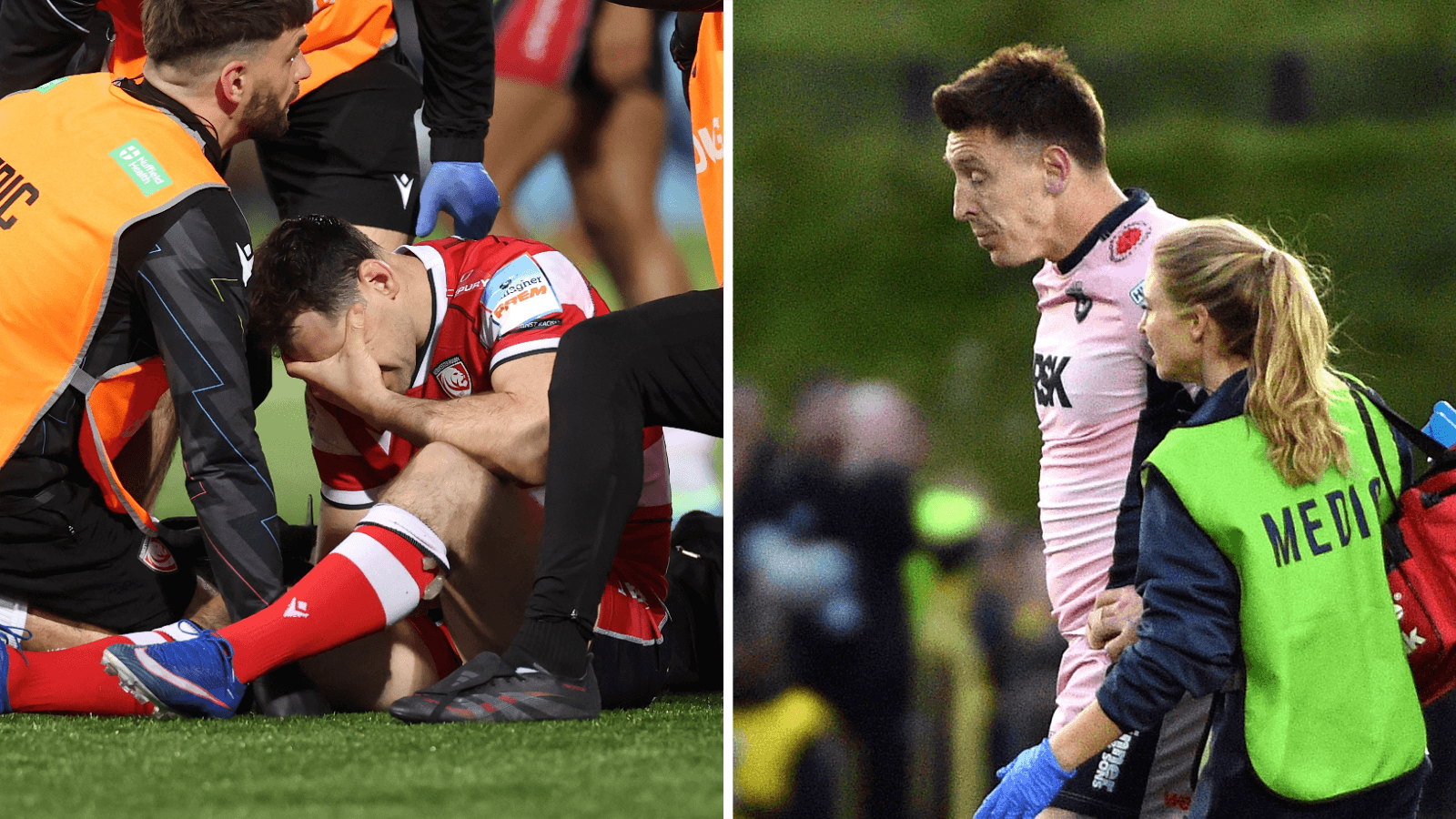 Tomos Williams (left) and Josh Adams are helped by medical staff