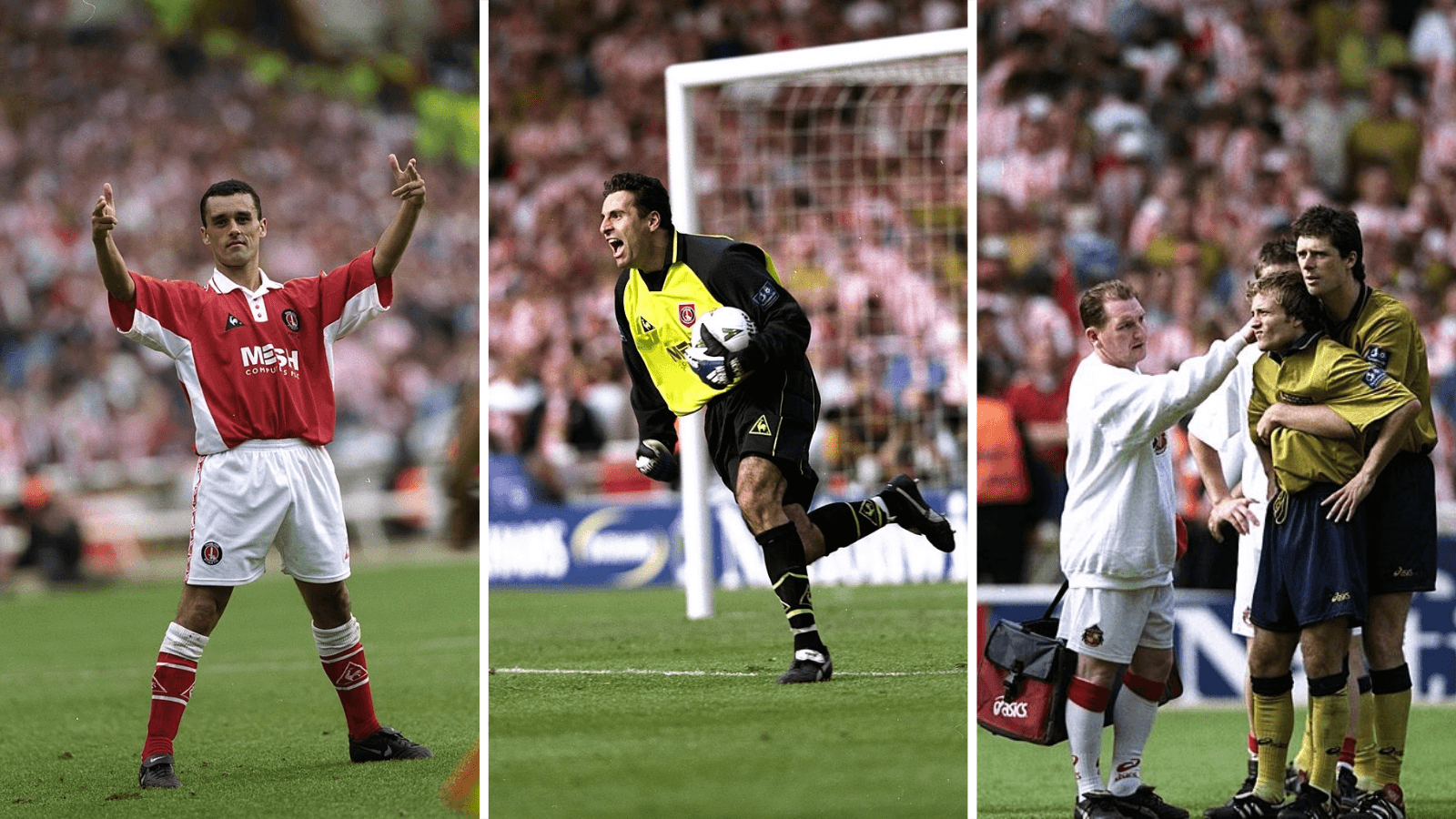 Charlton's Clive Mendonca celebrating his hat-trick, Charlton goalkeeper Sasa Ilic running with the ball in his hands after saving a penalty and Sunderland's Michael Gray being consoled by team-mate Niall Quinn