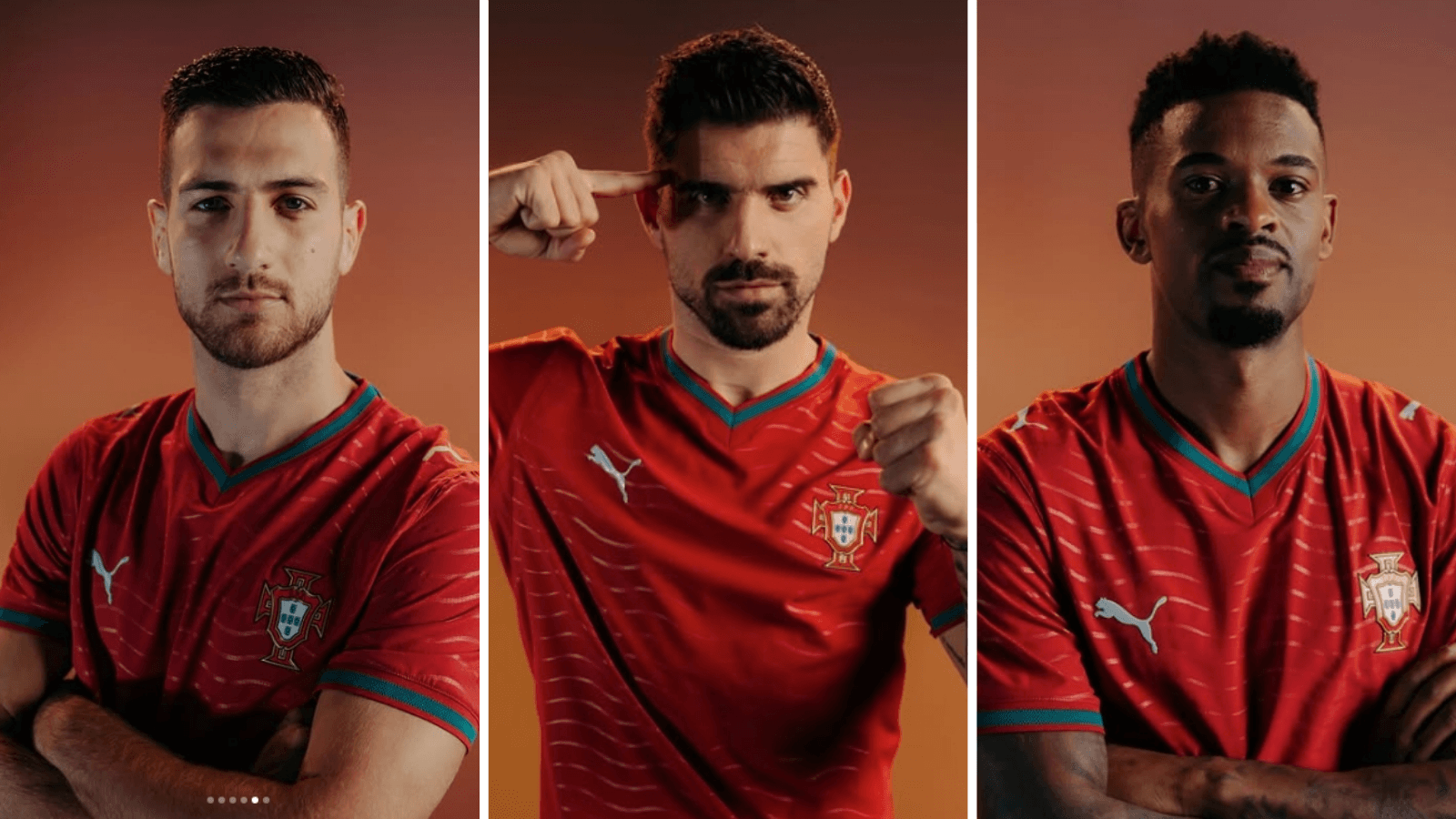 Diogo Dalot (left), Ruben Neves (middle) and Nelson Semedo (right) in 2026 Portugal home shirt.