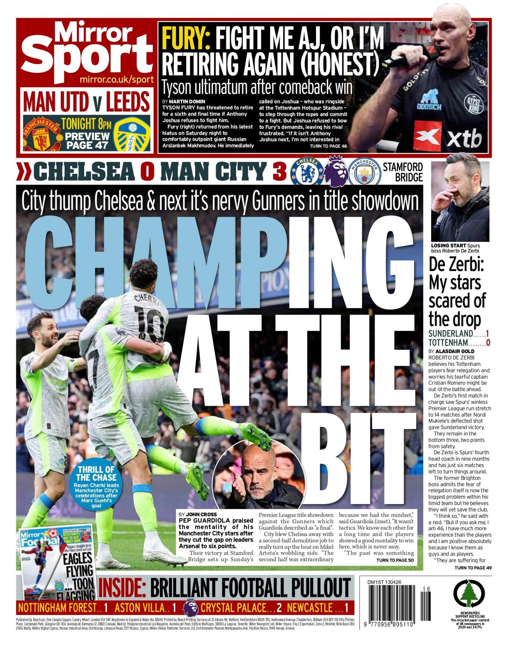 The Daily Mirror back page for 13 April 2026