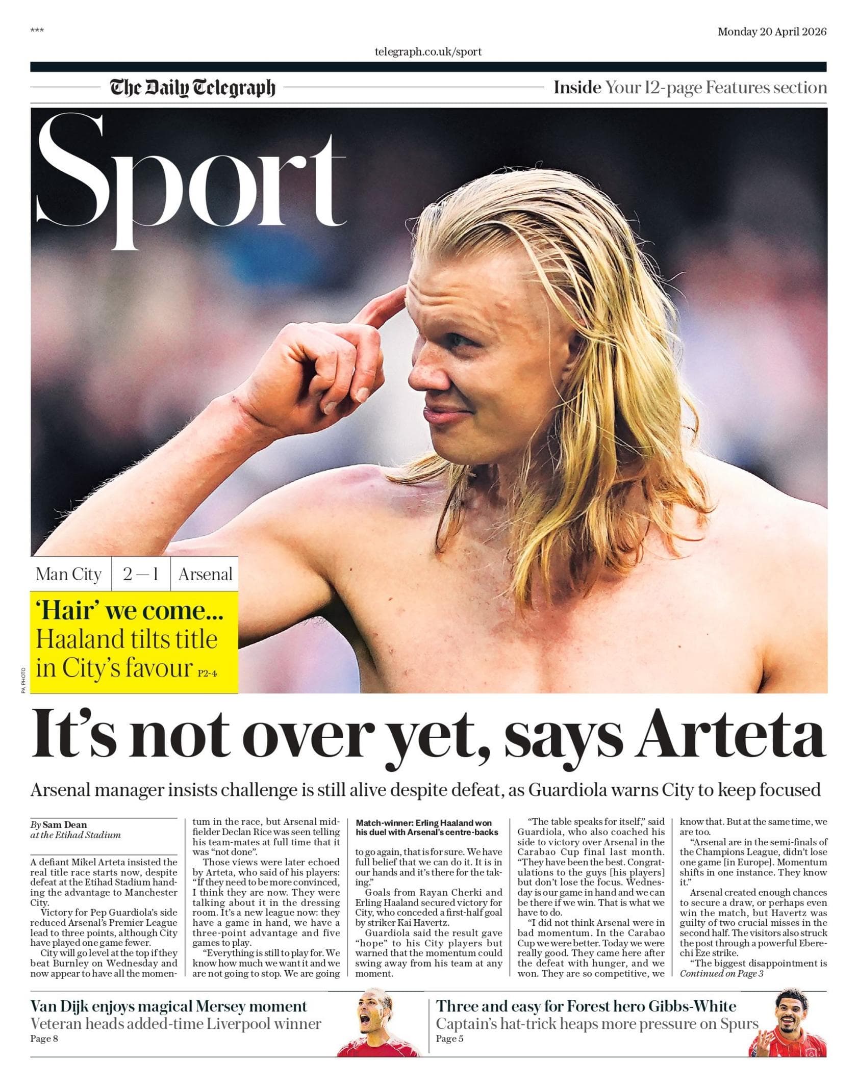 Monday's Daily Telegraph back page