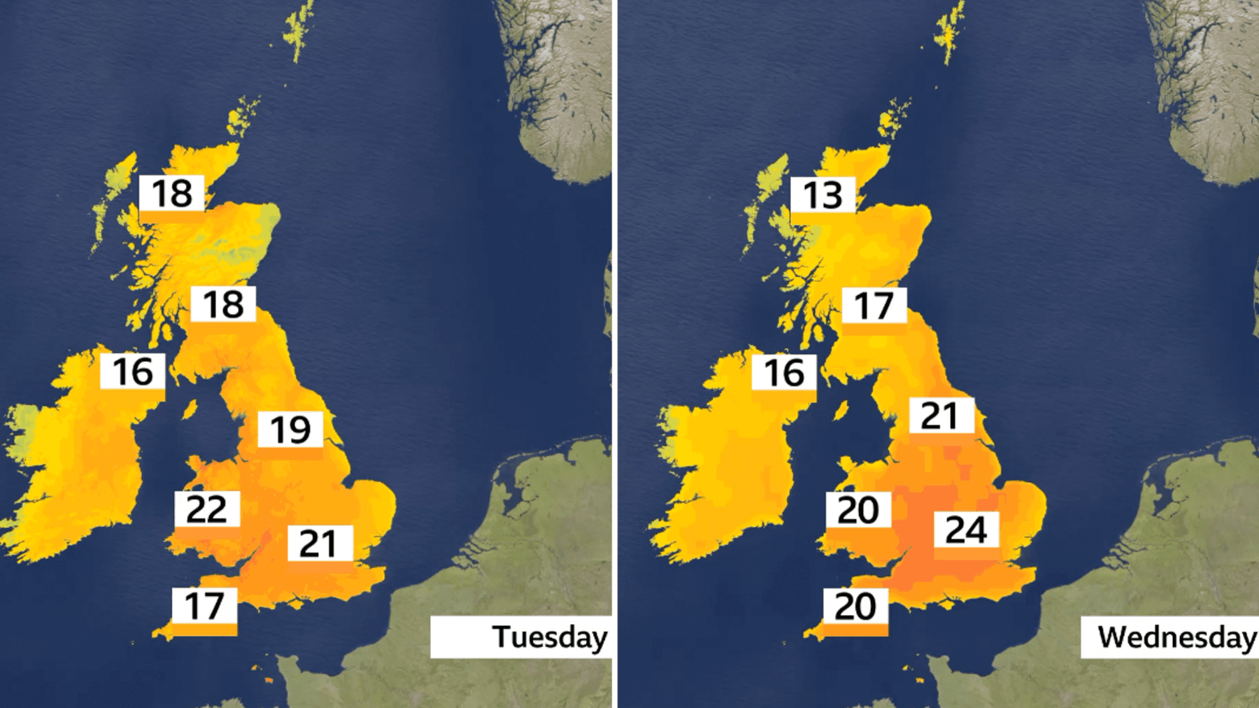 Two temperature charts for the UK. On the left, Tuesday showing temperatures rising to 18 to 22C. On the right, Wednesday showing temperatures ranging from 13C in north-west Scotland to 24C in south-east England.
