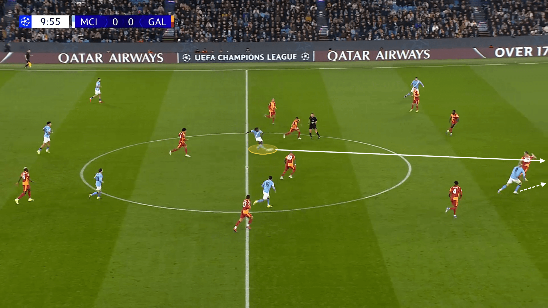 Screengrab of Doku, in a central position, playing a through ball for Erling Haaland against Galatasaray