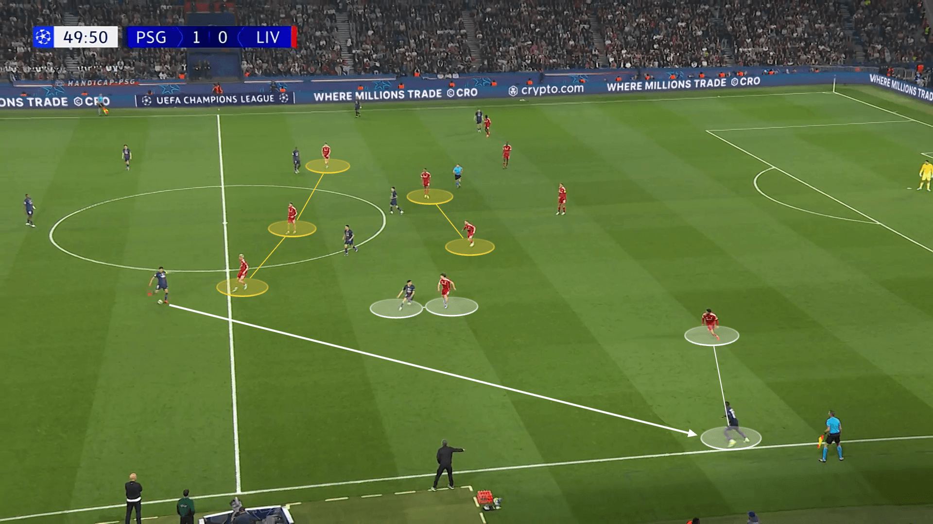 Screengrab showing how PSG bypassed Liverpool's press using Dembele on the wing with Hakimi pinning Kerkez centrally.