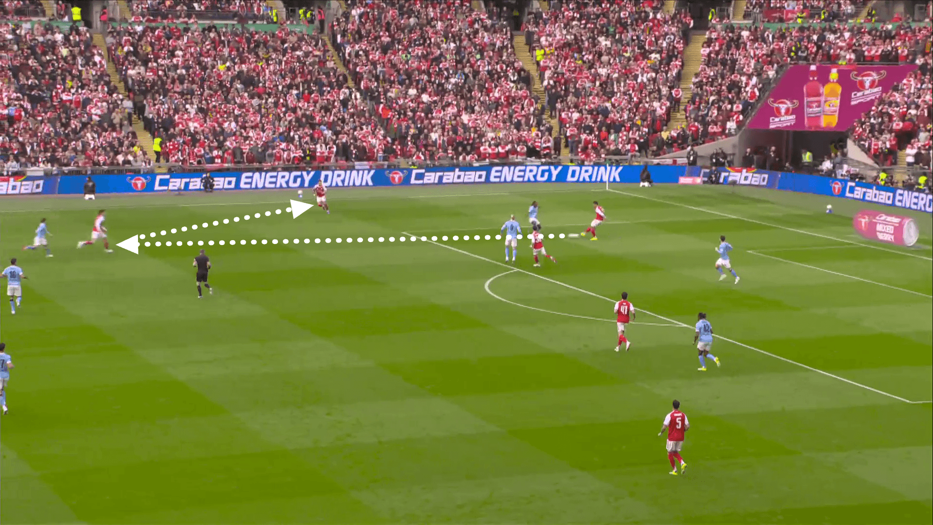 Annotated screengrab showing how Arsenal played out from the back against Man City successfully with central defender Saliba playing the ball to Havertz dropping deep and laying the ball off first time to Arsenal full back Ben White.